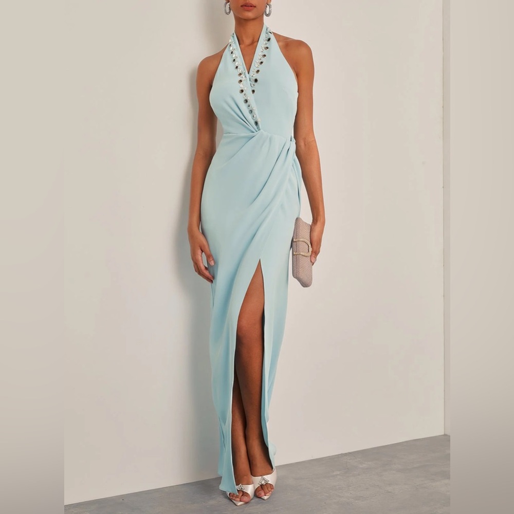 Blue Halter Rhinestones Knot Front Slit Sheath Gown Maxi Dress